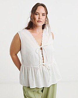 White Tie Front Vest With Scallop Edge