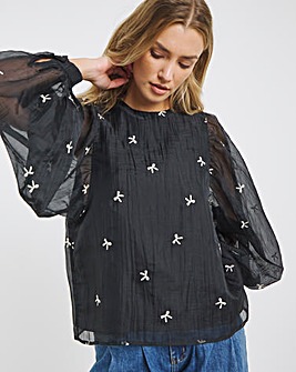 Black Organza Embroidered Bow Blouse