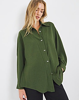 Khaki Bow Button Detail Shirt