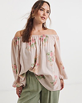 Floral Cutwork Bardot Linen Blend Top