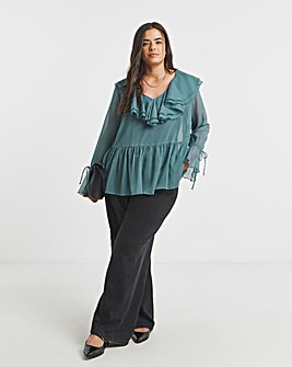 Teal Ruffle Front V Neck Blouse