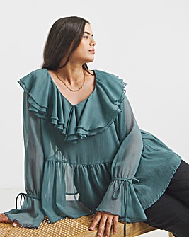 Teal Ruffle Front V Neck Blouse