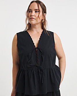 Black Tie Front Vest With Scallop Edge