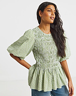 Gigham Shirred Peplum Blouse