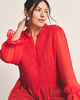 Red Shirred Georgette V-Neck Blouse