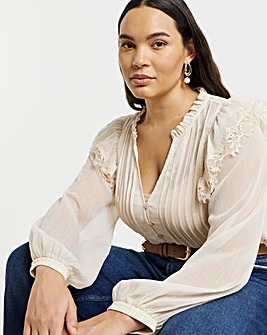 Lace Trim Chiffon Tuxedo Detail Blouse