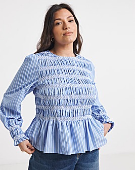 Blue Stripe Decorative Cotton Smocking Striped Poplin Blouse