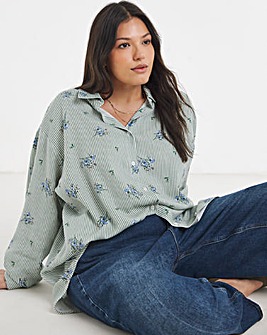 Stripe Linen Mix Gathered Sleeve Boxy Shirt