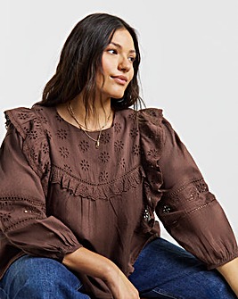 Brown Broderie Yoke Blouse
