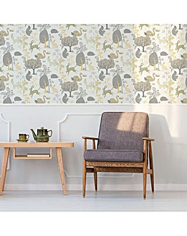 Fresco Forest Critters Yellow/Grey Forest Wallpaper