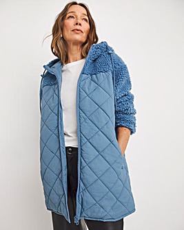 Blue Hooded Lined Borg Quilted Jacket