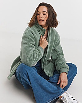 Green Funnel Neck Lined Longline Borg Jacket