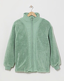 Green Funnel Neck Lined Longline Borg Jacket