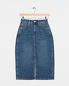 Mid Blue Split Front Denim Midi Skirt