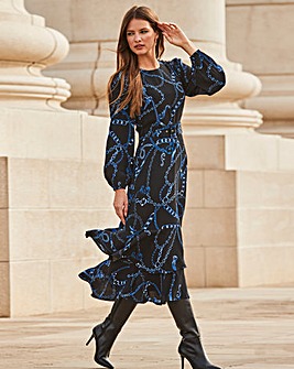 Sosandar Black & Blue Chain Print Ruffle Hem Fit & Flare Dress