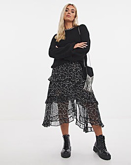 Star Print Tiered Frill Midi Skirt