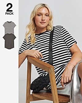 Stripe & Charcoal Marl 2 Pack Curved Hem Longline T-Shirt