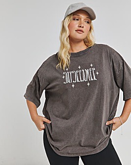 Acid Wash Day Dreamer Oversized Slogan T-Shirt