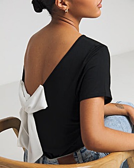 Black Short Sleeve Bow Back Top