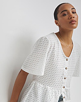 Ivory Broderie Button Through Peplum Hem Top