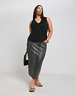 Black Jersey Linen Look Knot Front V Neck Cami