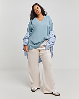 Dusty Blue Oversized Exposed Seam V Neck T-Shirt