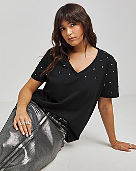 Black V Neck Embellished T-Shirt