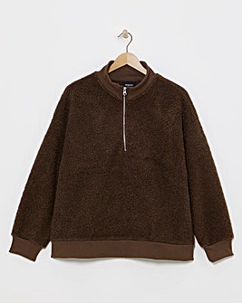 Chestnut Brown Teddy Zip Collar Sweatshirt