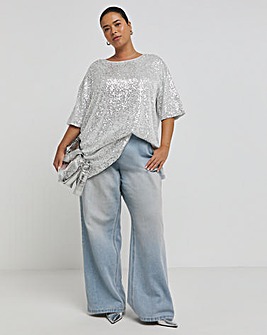 Silver Linear Sequin Oversized T-Shirt