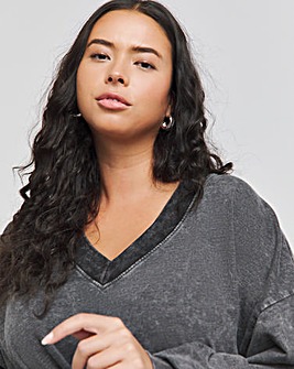 Acid Wash Grey Deep V Neck Sweatshirt