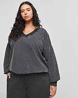 Acid Wash Grey Deep V Neck Sweatshirt