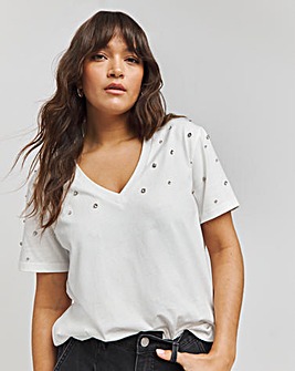 White V Neck Embellished T-Shirt