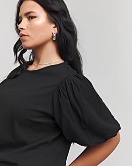 Black Poplin Puff Sleeve T-Shirt