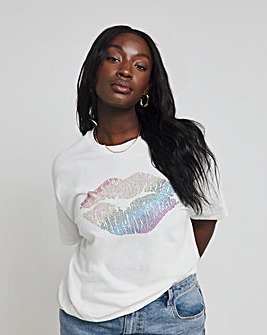 White Rainbow Diamante Lips T-Shirt