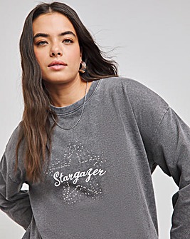 Acid Wash Star Gazer Hot Fix Slogan Sweatshirt