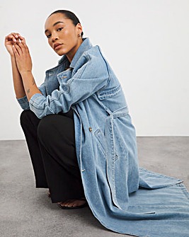 Mid Blue Belted Denim Trench Coat