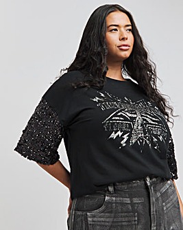 Black Oversized Sequin Sleeve Graphic T-Shirt