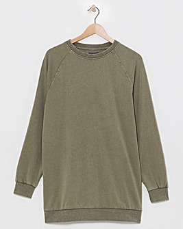 Acid Wash Khaki Raglan Sleeve Longline Sweatshirt