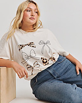 Ecru Leopard Bow Print T-Shirt