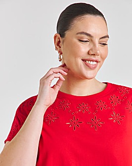 Red Broderie Grown On Sleeve T-Shirt