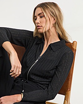 Black Long Sleeve Textured Zip Through Top