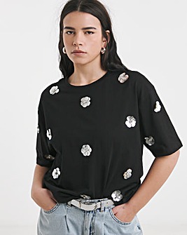 Black Embellished Flower Tee