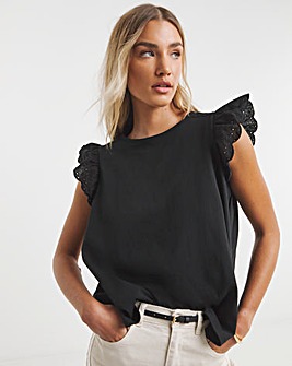 Black Broderie Frill Sleeve Top with Tie