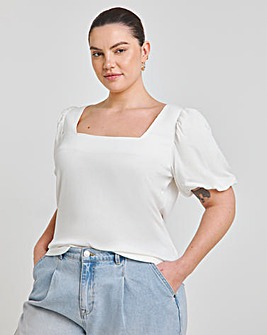 White Puff Sleeve Rib T-Shirt