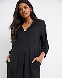 Black Viscose Twill Relaxed Cocoon Shirt Dress
