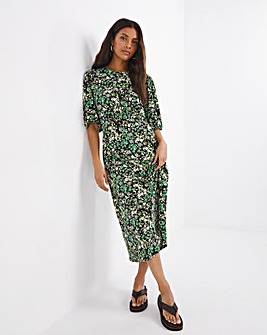 Green Floral Jersey Short Sleeve Tea Dress