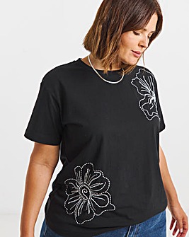 Black Embroidered and Beaded Floral T-Shirt