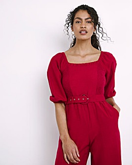 Square Neck Puff Sleeve Belted Jumpsuit