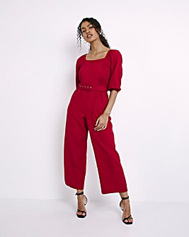 Square Neck Puff Sleeve Belted Jumpsuit