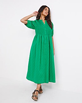Green Shirred Bodice Dobby Dress